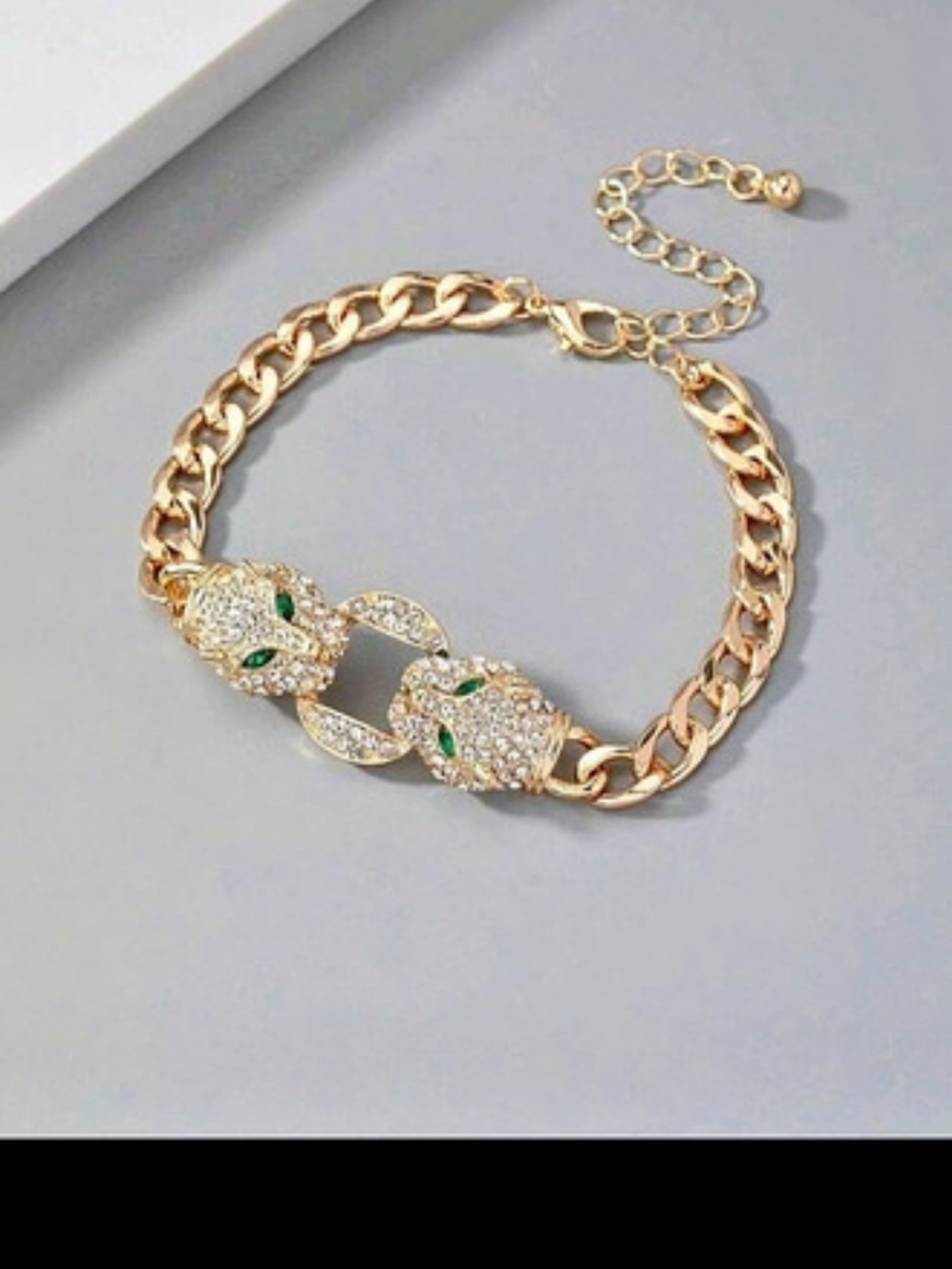 Gold-Tone Green Cat Crystal Link Bracelet Like New